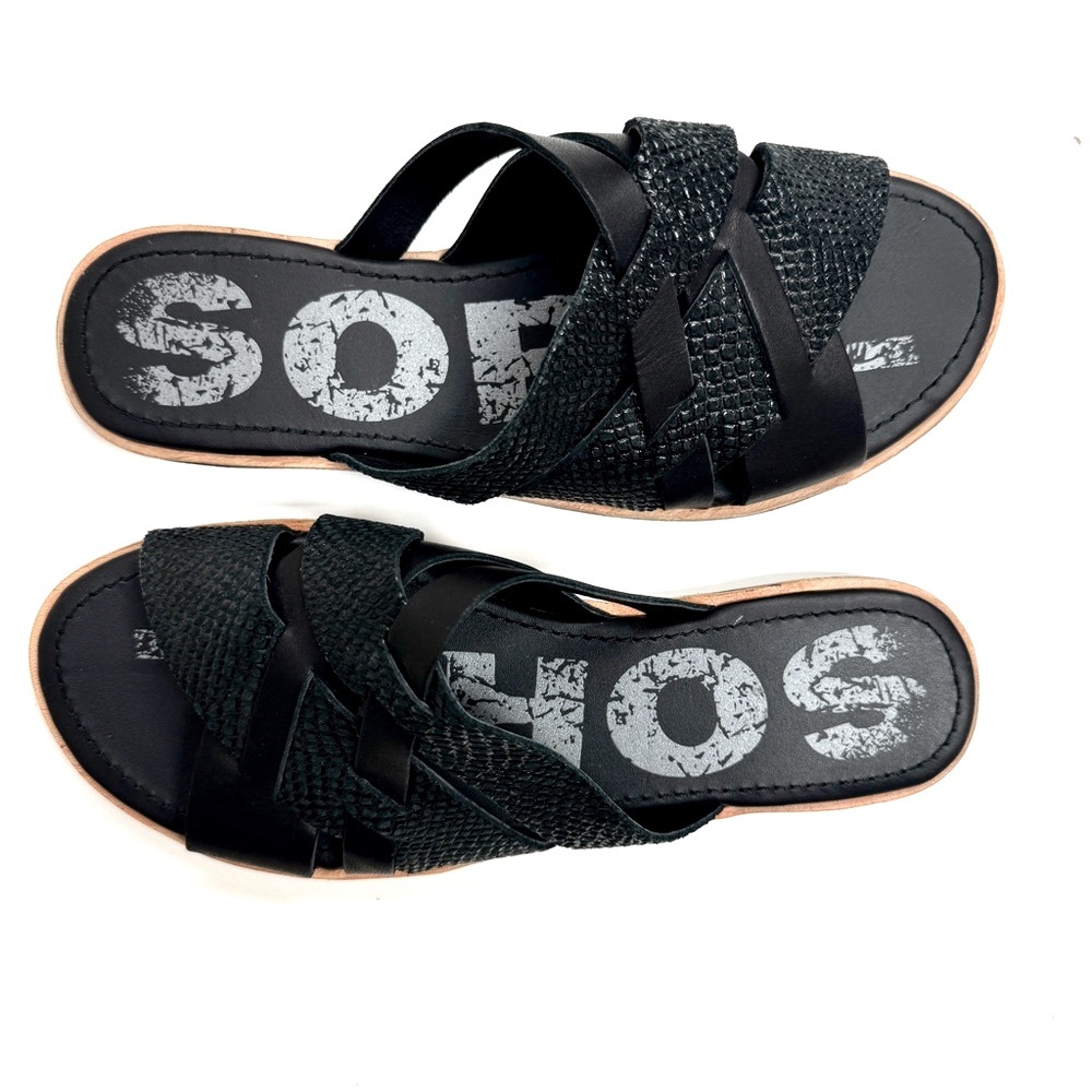 Sorel Ella Slide Sandals Black Leather Size 7.5